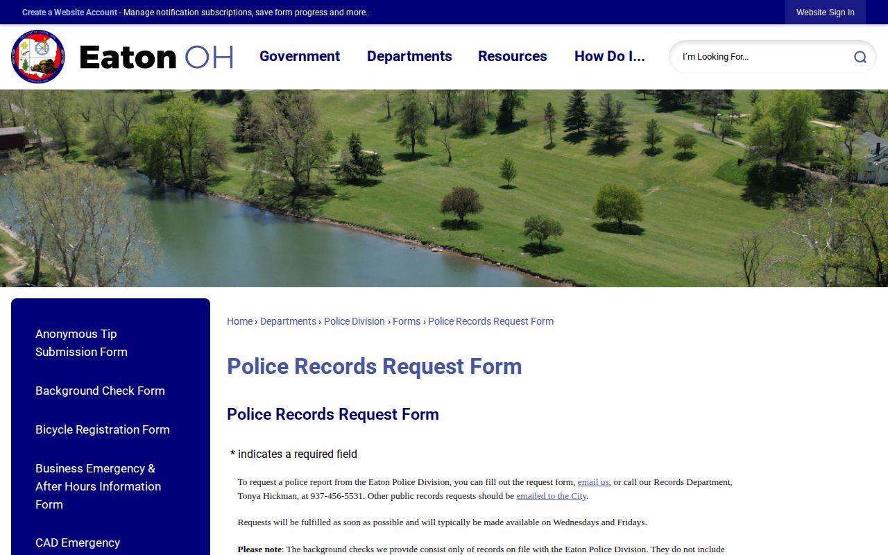 Eaton Police Division records request form