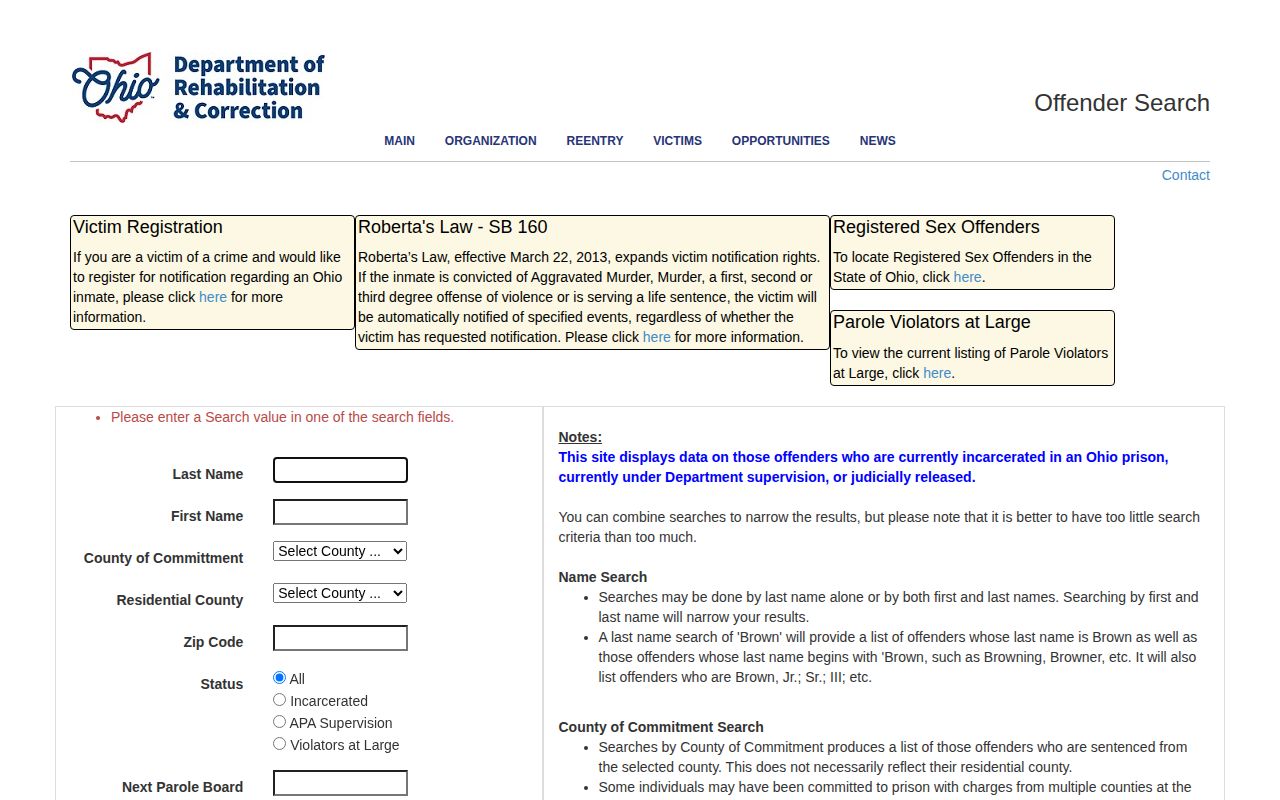 Ohio Department of Rehabilitation and Correction offender search page