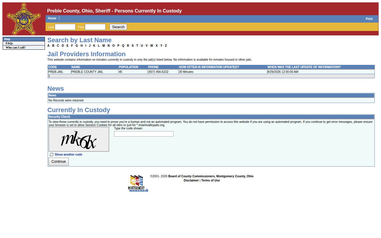 Preble County current-custody roster search page