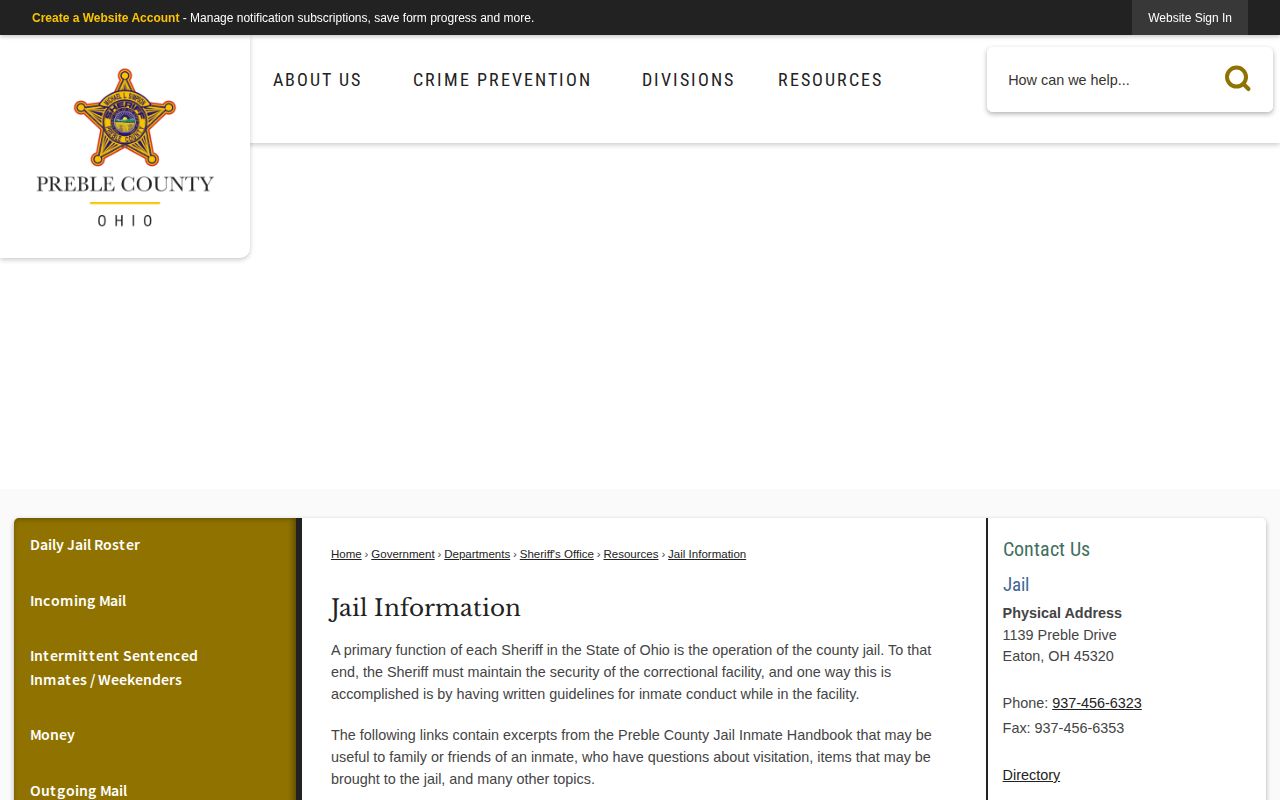 Preble County Sheriff Jail Information page
