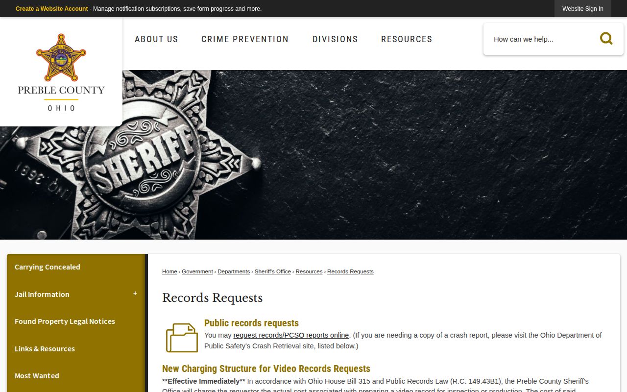 Preble County Sheriff records requests page