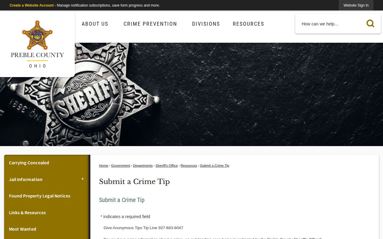 Preble County Sheriff anonymous crime tip submission page