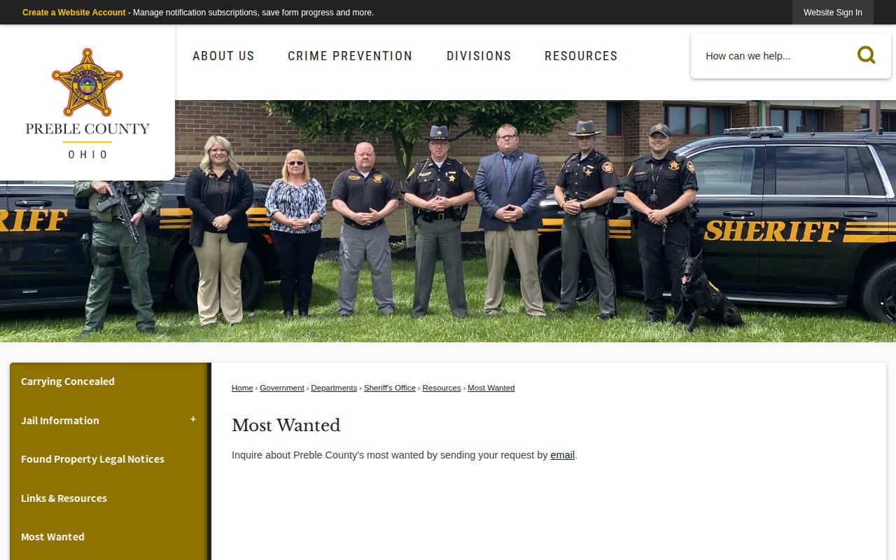 Preble County Sheriff Most Wanted inquiry page